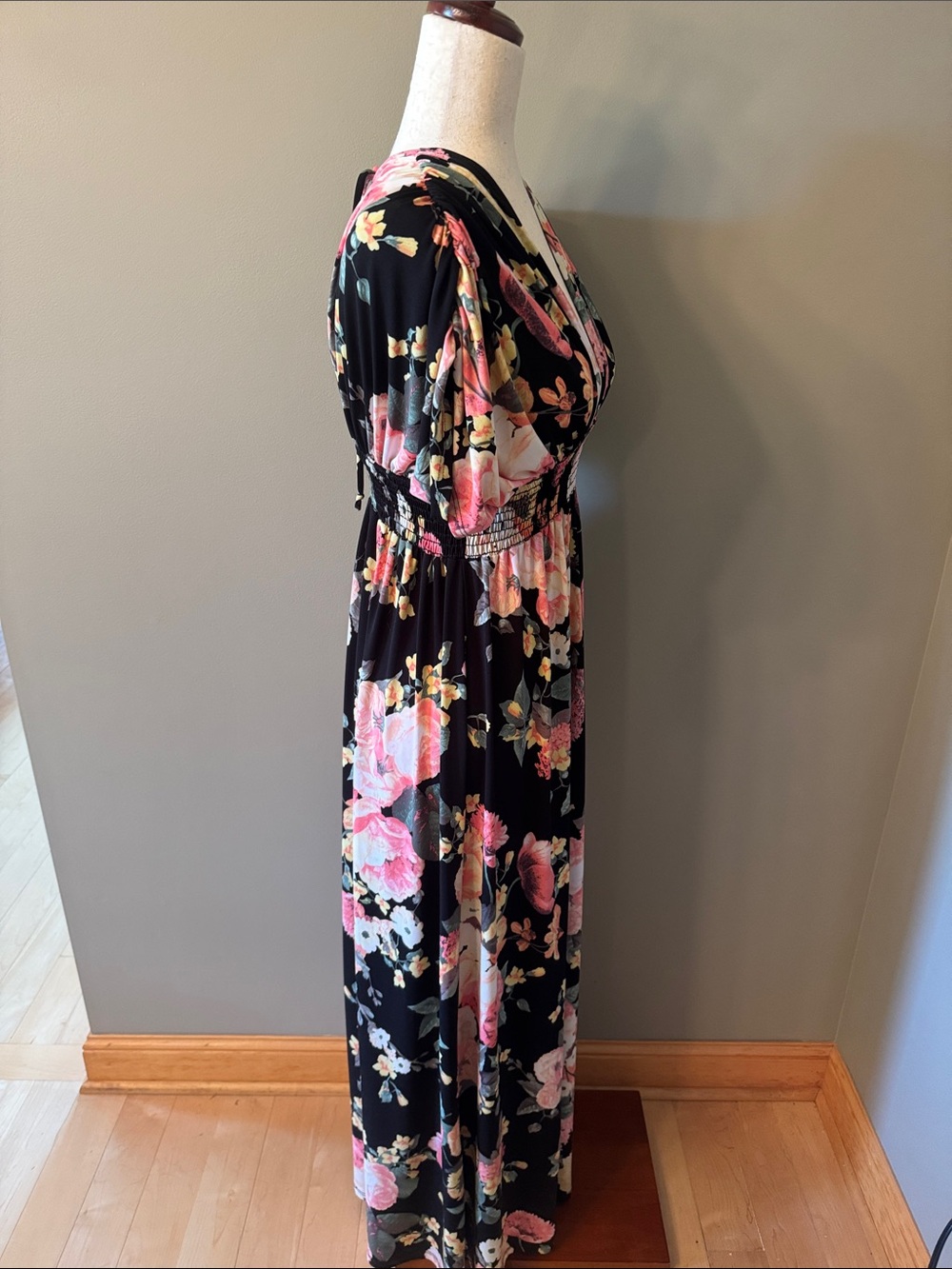 Emerald Black Maxi Dress with Pink, Coral & Green Floral Print Maternity - Picture 8 of 9